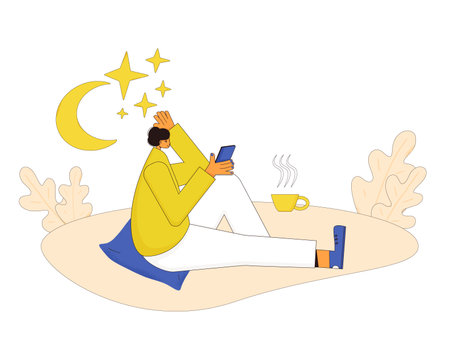 Insomnia. Mental disorder. Psychiatric issue or psychological problems. Female character with bad mood. Vector illustration.のイラスト素材