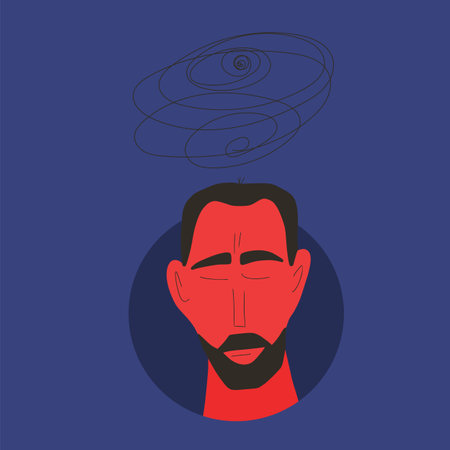 Stress icon. Portrait of tired man with some mental issues. Male person with bad mood. Vector flat illustration.のイラスト素材