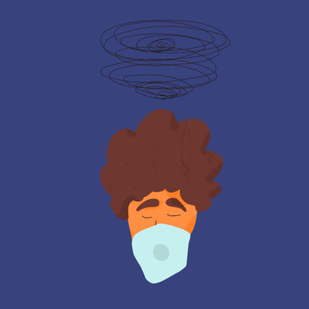 Depression. Portrait of man with some mental issues. Male person with a lot of confusing thoughts. Young man with bad mood. Character with special needs. Vector flat illustration.のイラスト素材