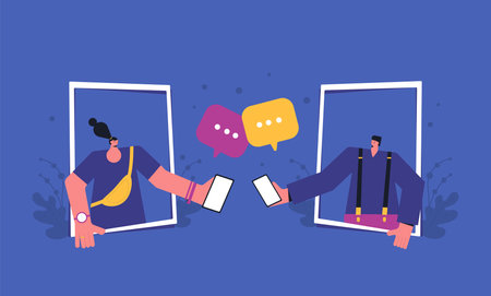 Online dating communication. Remote relationship. Man and woman portraits with frames. Virtual...