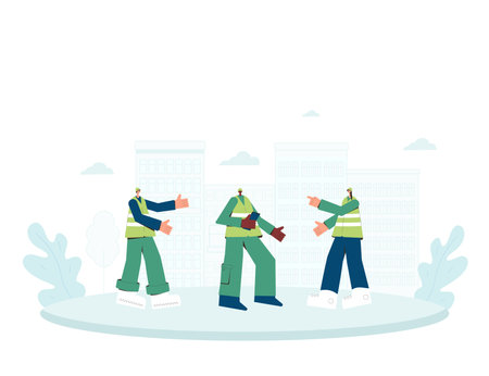 Three builder people. Female and male engineer, technican worker, constructor in safety vest, helmet, uniform standing together. Vector color flat illustration.のイラスト素材
