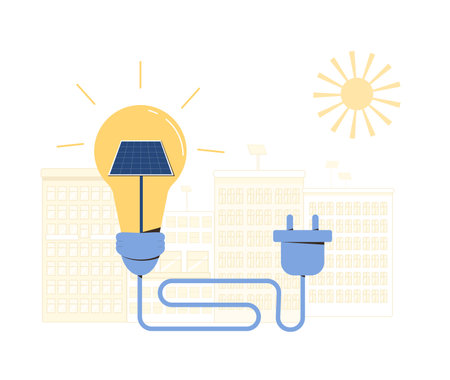Solar energy system concept. Installing solar panel. Sustainable development. Vector flat illustration.のイラスト素材