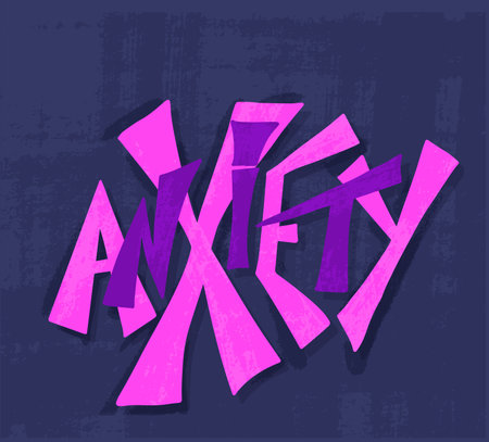 Anxiety handwritten lettering. Mental health text. Vector illustration. Square vector composition.のイラスト素材