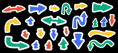 Stickers arrows set. Collection of pointers. Hand drawn isolated design elements symbols. left, right, down, up, forward direction sings. Vector illustration.のイラスト素材