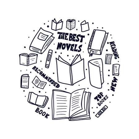 Books in doodle style. Round badge with symbols of reading and hand drawn texts. Vector black and white design illustration in retro style.のイラスト素材