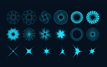 Futuristic abstract elements set. Collection of y2k shapes for nostalgic design. Group of sparkles and different figures. Vector illustration.のイラスト素材