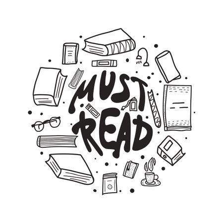 Must read lettering and books in doodle style. Round badge with symbols of reading. Vector black and white design illustration in retro style. Groovy vector illustration.のイラスト素材