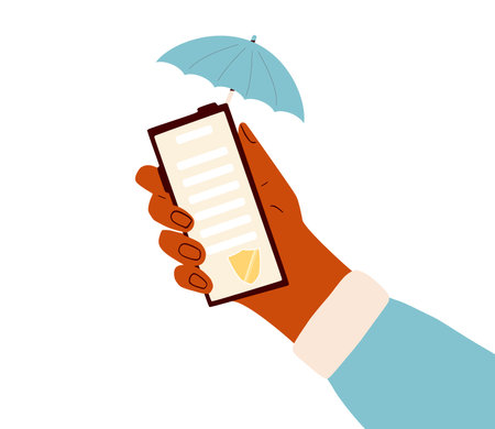 Exchange of documents with secured system technological platform. Online mobile signing confidentiality contract. Hand with phone and umbrella and business paper sign. Vector illustrationのイラスト素材