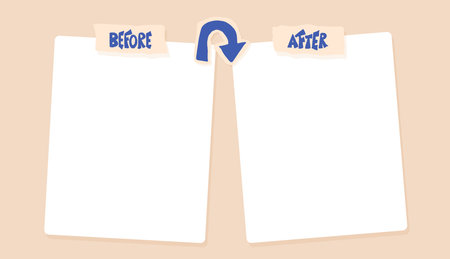 Before and After template. Background for graphic design. Comparison card with collage arrow, frames and copy space. Vector illustration.のイラスト素材