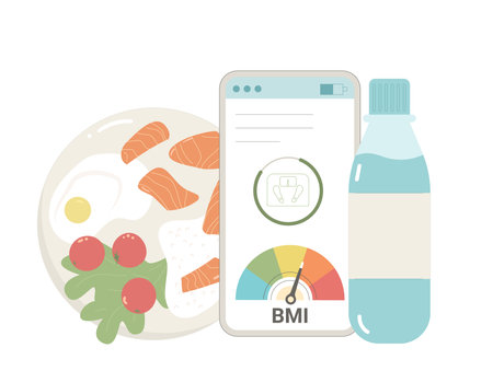 BMI and weight control application and healthy eating habit. Body mass index and counting calories on phone isolated on white background. Vector flat illustration.のイラスト素材