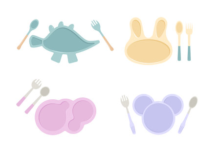 Kids cute tableware. Child lunchboxes with kitchen tools. Empty silicone dish with spoon and fork. Vector flat illustration.のイラスト素材