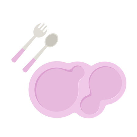 Kids tableware. Childish plate with cutlery. Empty silicone dish with spoon and fork. Vector flat illustration.のイラスト素材