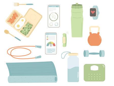 Gym and sport equipment. Healthy lifestyle set. Weight cardio and workout training elements collection. Fitness items. Weight loss control. Vector flat illustration isolated on white background.のイラスト素材
