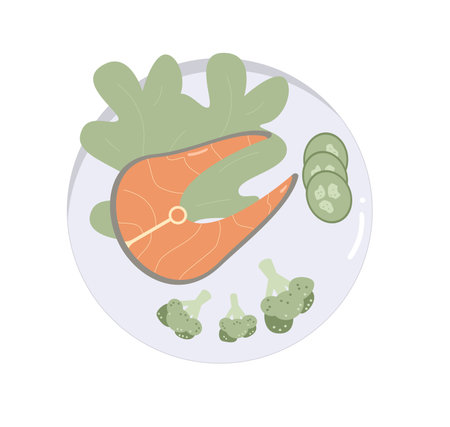 Salmon steak on the plate. Red fish piece meal. Healthy food Vector flat illustration isolated on white background.のイラスト素材