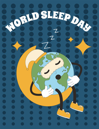 World sleep day retro vertical banner. Earth mascot have rest at night greeting card. Dark template with polka dot for holiday design. Vector illustration.のイラスト素材