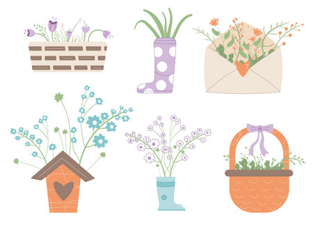 Bouquets with flowers in envelope boots basket birdhouse. Spring elements set and gardening tools isolated on white background. Vector illustration.のイラスト素材