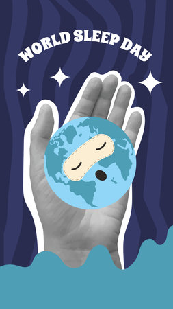 World sleep day vertical banner for social media. Earth with hand collage card. Planet retro poster. Template for holiday design with glop map. Vector illustration.のイラスト素材