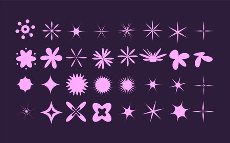 Abstract elements retro set. Collection of y2k shapes for nostalgic design. Simple basic graphic form. Vector figures isolated on dark illustration.のイラスト素材