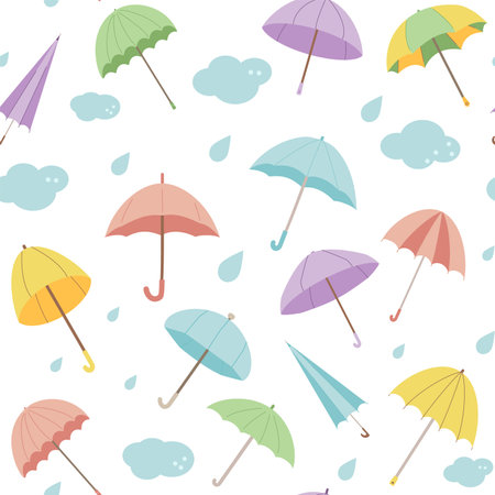 Rainy weather seamless pattern. Umbrellas clouds and water drops endless background. Autumn and spring cover. Vector flat illustration.のイラスト素材