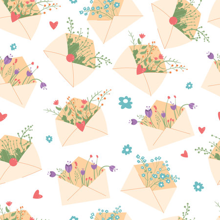 Envelope with flowers bouquet seamless pattern. Spring elements endless background. Vector flat illustration.のイラスト素材