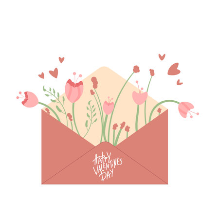 Envelope with flowers bouquet. Happy Valentines day. Spring elements set isolated on white background. Vector illustration.のイラスト素材