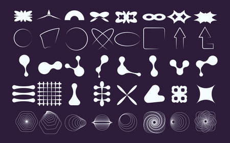 Set of abstract geometric elements. Collection of y2k shapes for futuristic design. Simple basic graphic form. Vector figures isolation illustration.のイラスト素材