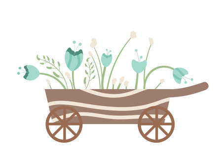 Wheelbarrow with blue flowers sample. Plant bouquet for garden. Spring elements isolated on white background. Vector flat illustration.のイラスト素材