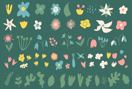 Hand drawn flowers set. Botanical nature spring elements. Modern floral and leaf shapes. Vector illustration for spring design.のイラスト素材