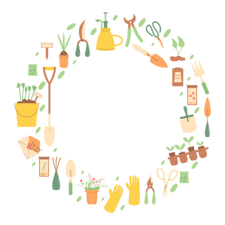 Gardening tools round frame set isolated on white background. Spring horticulture equipment in circle shape. Planting and work in backyard cover. Seeds, shovel and sample. Vector flat illustration.のイラスト素材