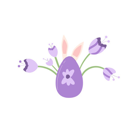 Easter egg with bunny ears and flowers isolated on white background. Painted violet holiday symbol. Vector flat illustration.のイラスト素材