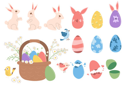 Easter set. Bunny, eggs and birds isolated on white background. Vector flat illustration.のイラスト素材