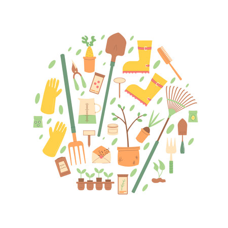 Gardening tools circle composition set isolated on white background. Spring horticulture equipment in round shape. Planting and work in backyard cover. Seeds, shovel and broom. Vector flat illustration.のイラスト素材