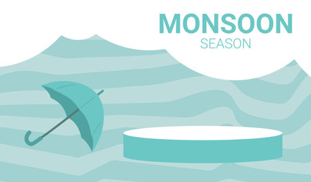 Monsoon season banner template. Podium and umbrella for advertising flyer offer background. Vector flat illustration.のイラスト素材