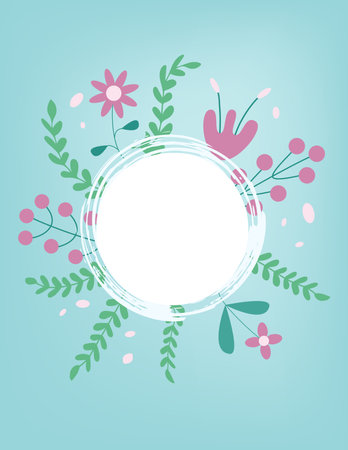 Spring background with round border and copy space. Flower abstract banner template with frame. Card with decoration. Vector flat illustration.のイラスト素材