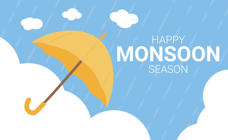 Happy Monsoon season banner template. Umbrella on windy cloudy and rainy background. Vector flat illustration.のイラスト素材
