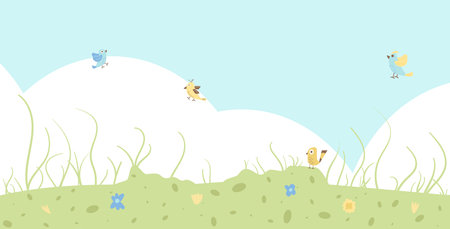 Spring background. Holiday abstract banner template with grass sky, bird and cloud. Card with decoration. Vector simple illustration.のイラスト素材