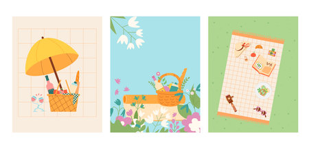 Picnic day in park banners template set. Spring and summer outing weekends rest elements background. Cookout summer food in air. Vector flat illustration.のイラスト素材
