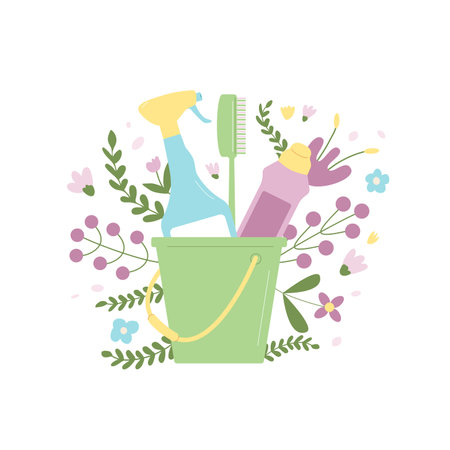 Bucket with brushes and bottles for cleanup. Cleaning tools and aroma flowers isolated on white background. Washing concept Vector flat illustration.のイラスト素材