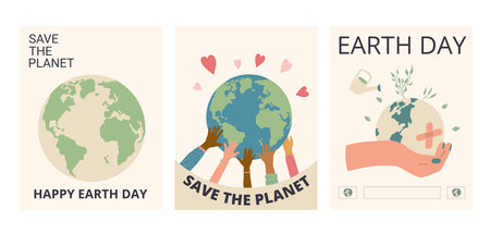 Happy Earth day banners set. Save the planet retro posters. Collections templates for holiday design. Vector flat illustration.のイラスト素材
