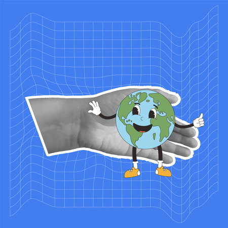 Earth retro mascot in collage hand in blue background. Planet cartoon character template for holiday banner. World environment day. Vector illustration.のイラスト素材