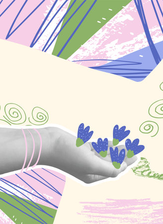 Spring collage vertical background. Banner template with hand retro sticker and hand drawn flower. Summer social media covers with decoration. Vector illustration.のイラスト素材