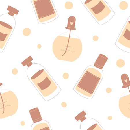 Perfumery seamless pattern. Fragrance endless background. Beauty and fashion cosmetic repeat cover. Vector flat illustration.のイラスト素材