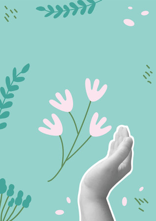Hand and flower collage template background. Abstract vertical banner. Summer social media card with decoration. Vector illustration.のイラスト素材