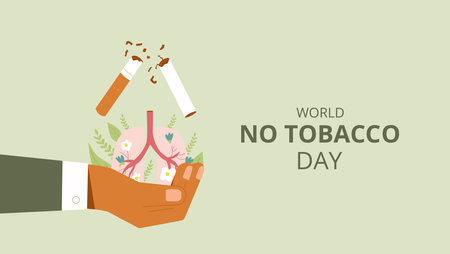 World no tobacco day banner. Stop smoking card. Cigarette, planet Earth and forbidden sign in hand awareness. Vector flat illustrationのイラスト素材