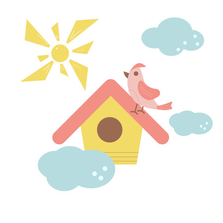 Summer birdhouse. Spring elements set isolated on white background. Children's hobby. Vector flat illustration.のイラスト素材