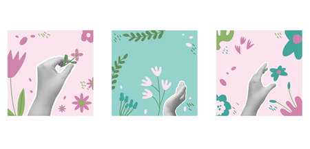 Greeting card collage set backgrounds. Spring holiday banner templates with hand and flower for social media. Summer poster with decoration. Vector illustration.のイラスト素材