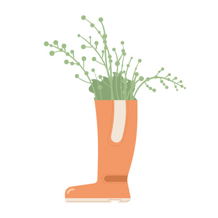 Rubber boot with heart decoration and grass bouquet. Vector illustration isolated on white background. Gardening fall element.のイラスト素材