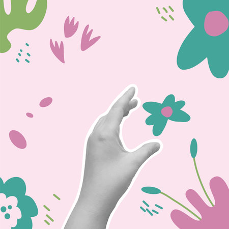 Spring collage background. Banner template with hand and flower. Summer social media card with decoration. Vector illustration.のイラスト素材