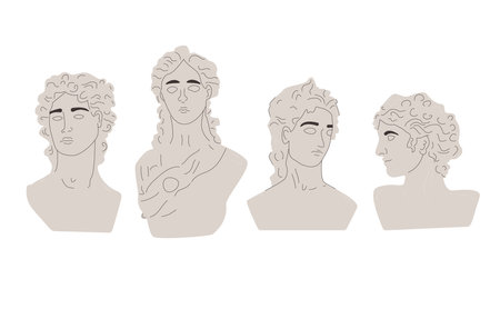 Antique ancient Greek god head. Sculptures and busts in modern retro style set isolated on white background. Vector flat illustration.のイラスト素材