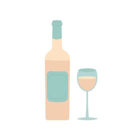 White wine bottle and glass isolated on white background. Alcohol drinks for celebration events. Vector flat illustration.のイラスト素材